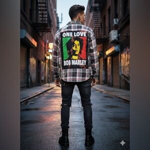 BOB MARLEY RECORDS URBNVTG REWORKED FLANNEL SHIRT SIZE LT